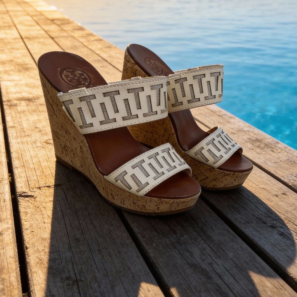 Tory Burch Tan and Cream Wedge Sandals size 8M